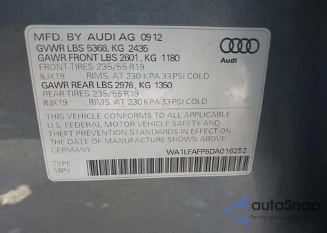 2013 Audi Q5 2.0T Premium из США, поврежденный, VIN WA1LFAFP6DA016252